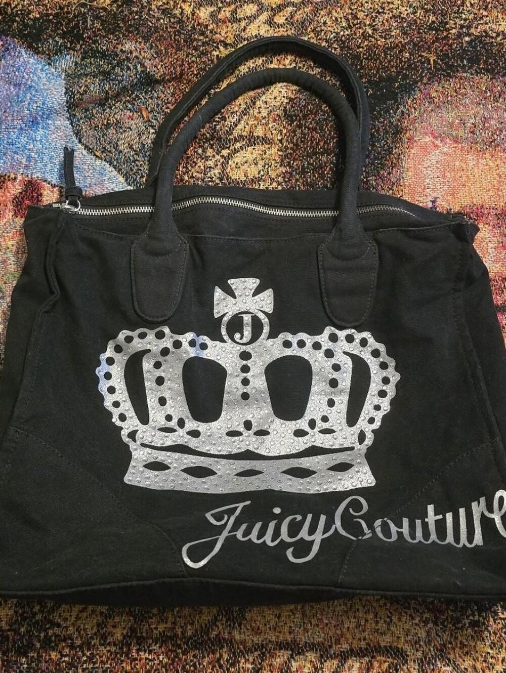 Vintage Y2K Juicy Couture Black Tote Bag Rhinestones Crown Logo Zip Top McBling